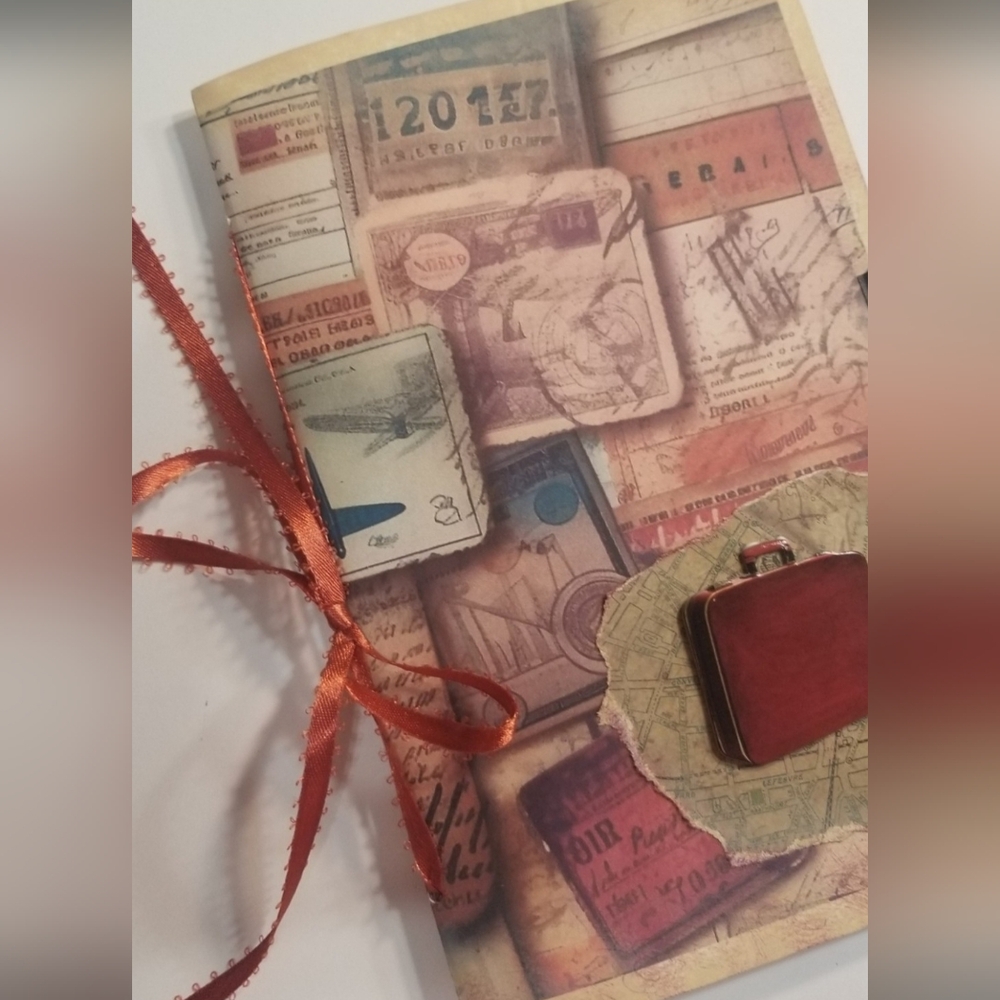 Junk Journal Booklet "BORN TO TRAVEL" HANDMADE Vtg. Travel Lg 5.5"x8.5"  40pg